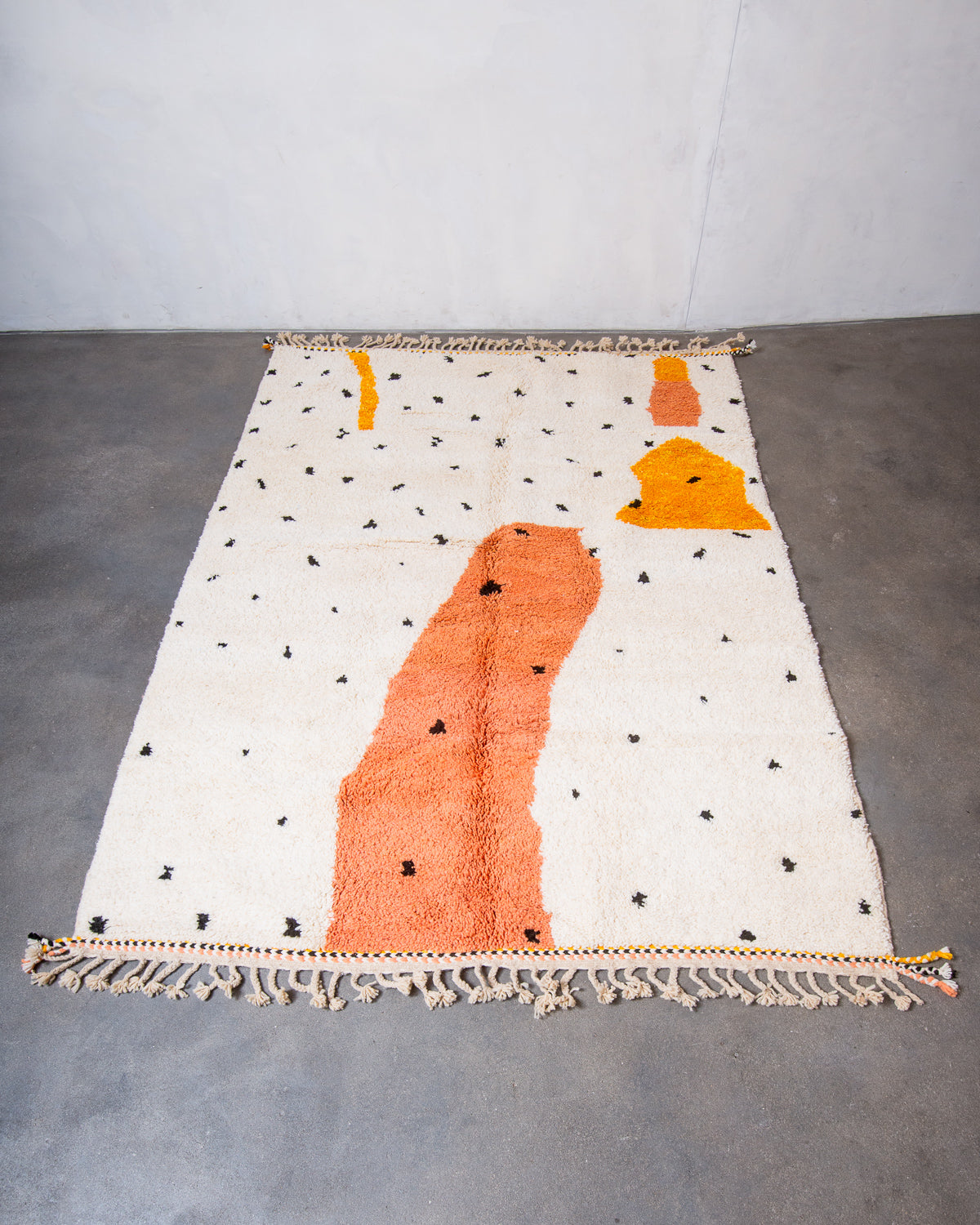 Modern, designer, handcrafted Berber rug from Morocco. Beniourain carpet with beautiful colours and patterns and fluffy wool texture.